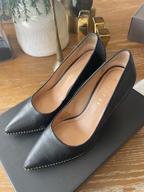 Coach Black Leather Pointed-Toe Pumps with Gold Stud Trim